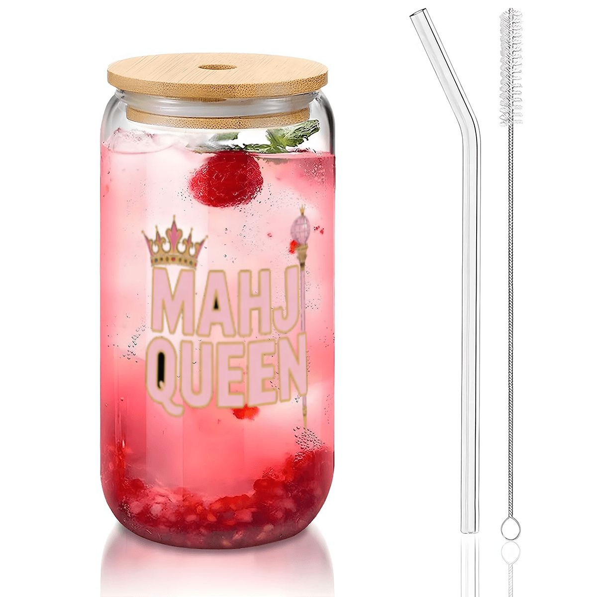 Mahj Queen 16 oz glass can tumbler with bamboo lid and glass straw