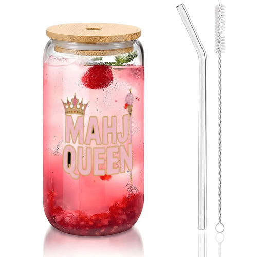 Mahj Queen 16 oz glass can tumbler with bamboo lid and glass straw
