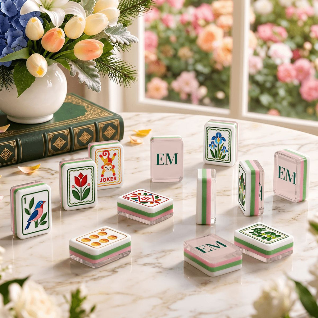 The Modern Folk Set in Pink & Green with Elite Mahjong monogram tile backs