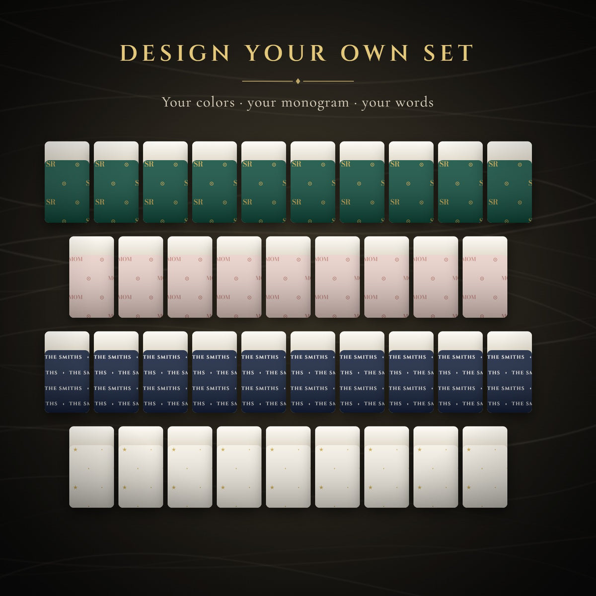 Custom mahjong tile backs in jade, blush, navy and ivory