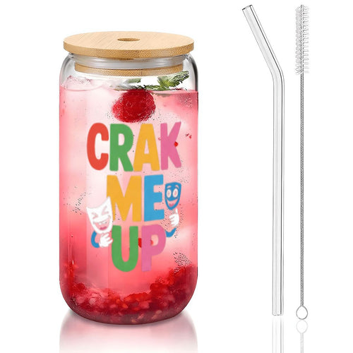 16 oz glass can printed with Crak Me Up
