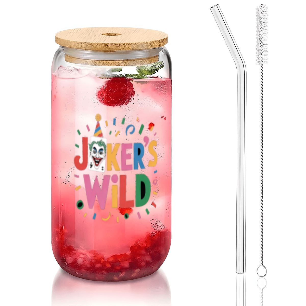 16 oz glass can tumbler printed with Joker's Wild, bamboo lid and glass straw