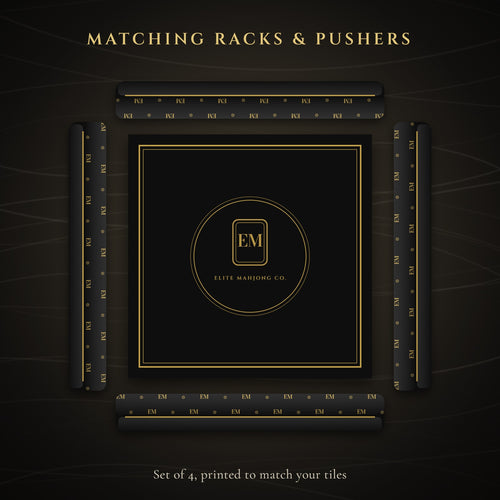 Four black and gold matching racks around a crest mat